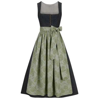Two-piece dress with a patterned skirt and solid top on a white background