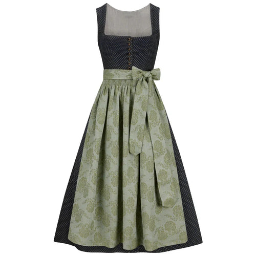 Two-piece dress with a patterned skirt and solid top on a white background