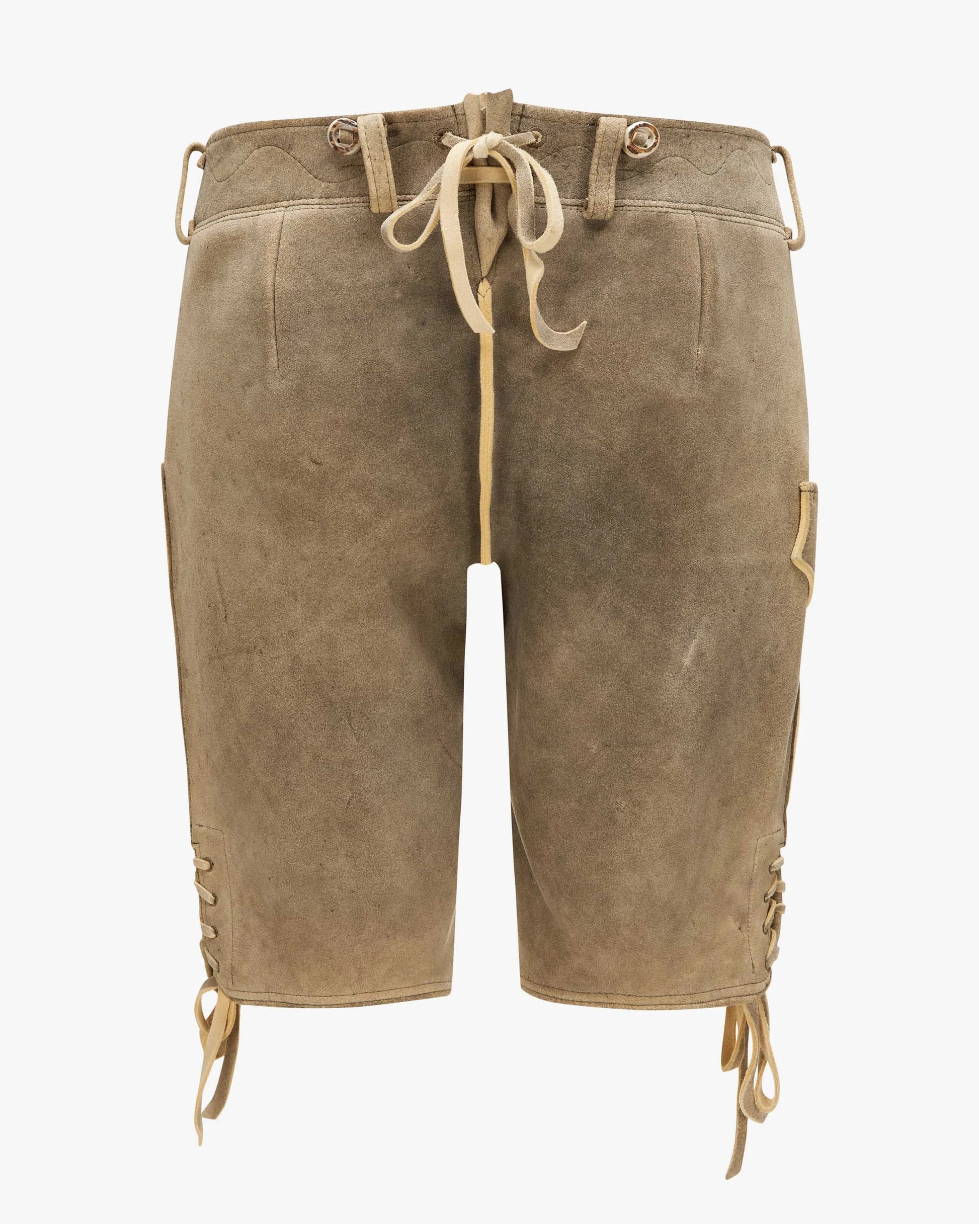 Brown leather shorts with lace-up sides on a white background
