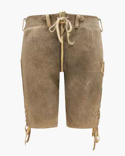 Brown leather shorts with lace-up sides on a white background
