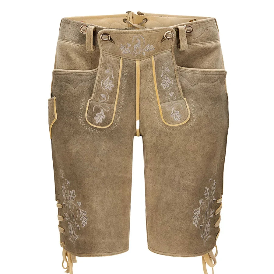 Brown leather shorts with floral embroidery on a white background