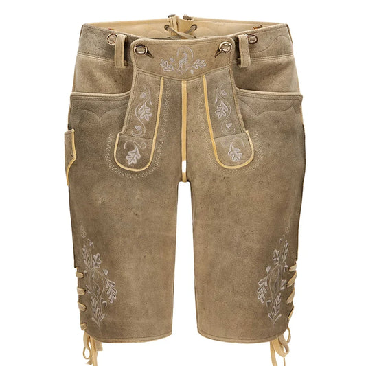 Brown leather shorts with floral embroidery on a white background