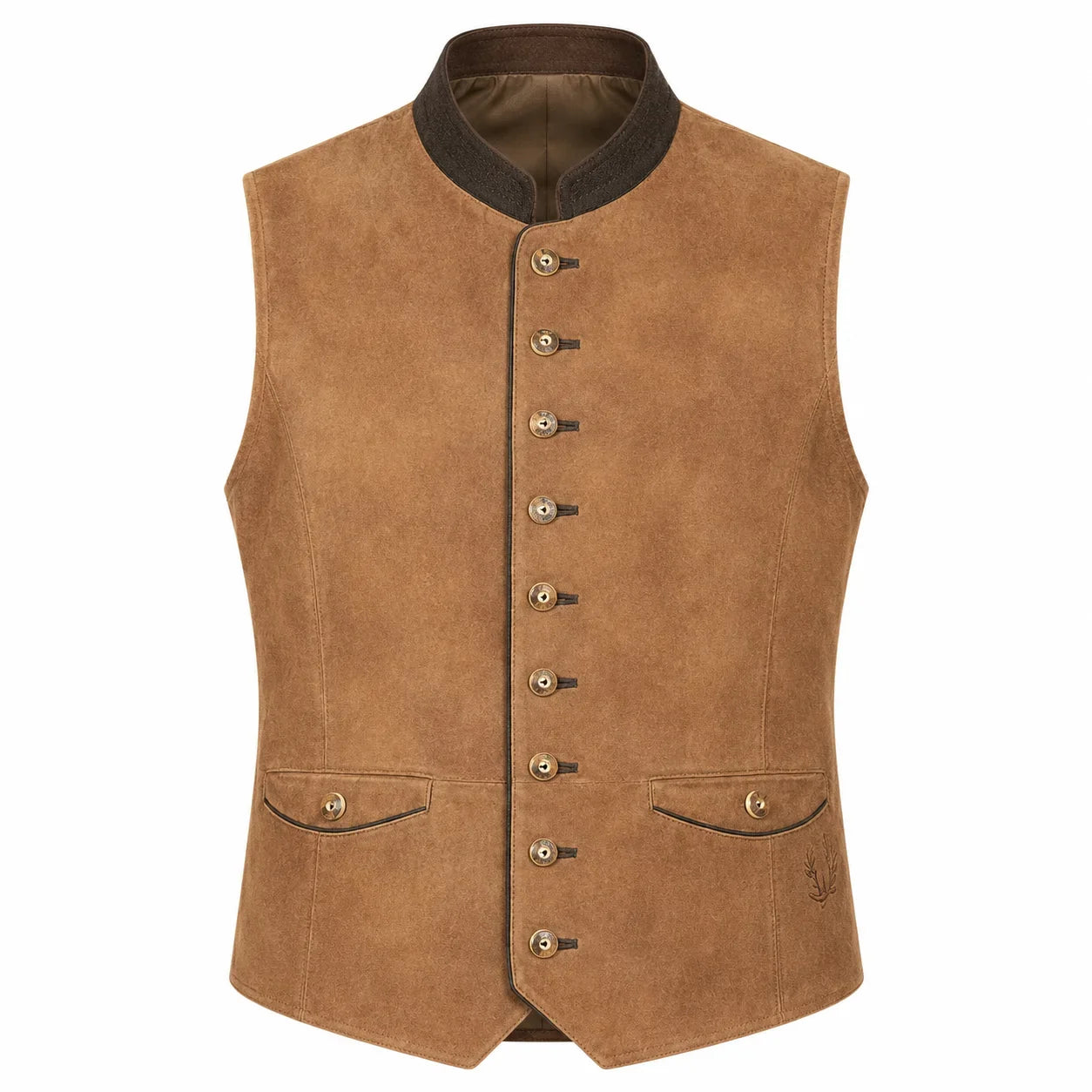 A brown suede-like waistcoat vest with a dark brown collar, decorative metal buttons down the front, and two front flap pockets, shown on a plain white background.