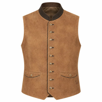 A brown suede-like waistcoat vest with a dark brown collar, decorative metal buttons down the front, and two front flap pockets, shown on a plain white background.