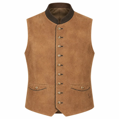 A brown suede-like waistcoat vest with a dark brown collar, decorative metal buttons down the front, and two front flap pockets, shown on a plain white background.