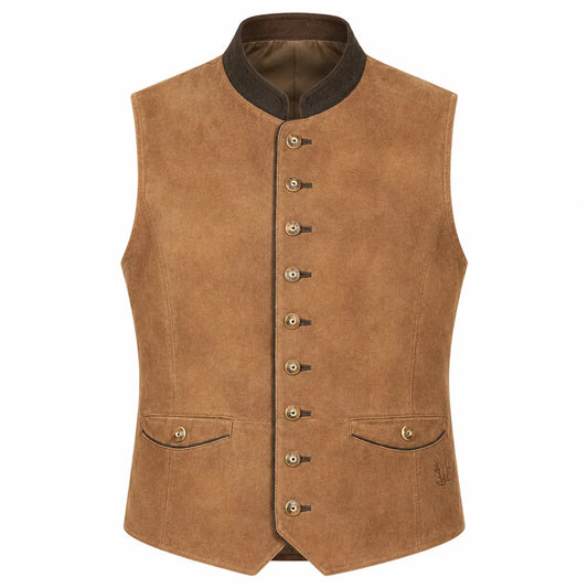 A brown suede-like waistcoat vest with a dark brown collar, decorative metal buttons down the front, and two front flap pockets, shown on a plain white background.
