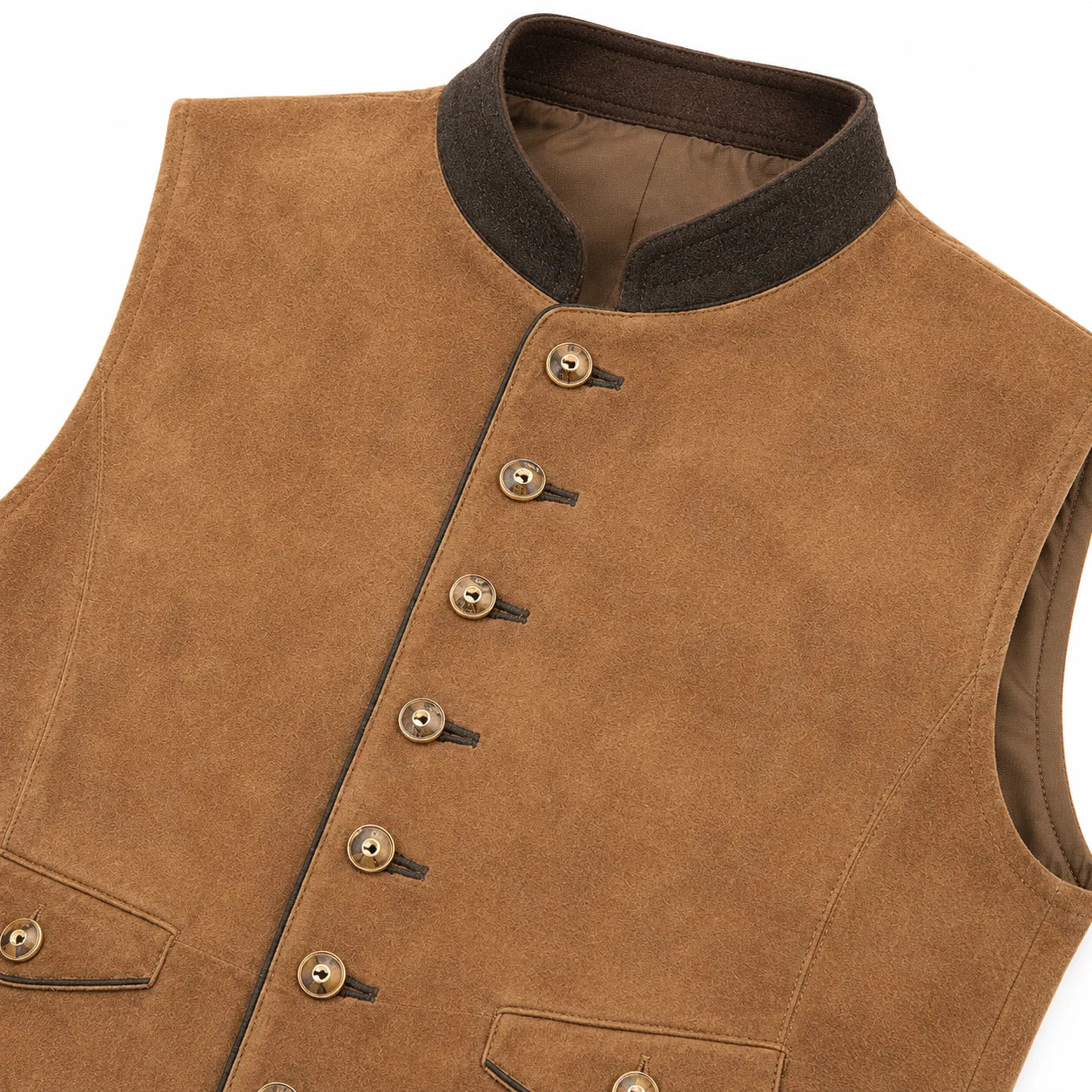 A close-up of a brown suede vest with a dark brown wool-like collar and decorative metal snap buttons, shown on a white background.
