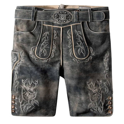 Traditional leather shorts with embroidery and a belt on a white background