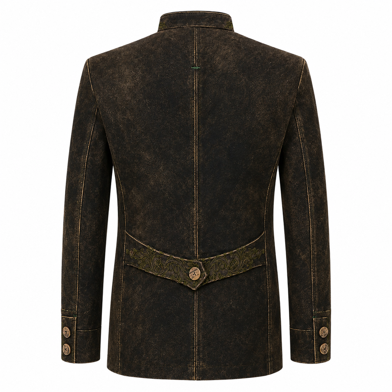 A dark brown distressed faux-leather blazer shown from the back, featuring a central button closure, decorative belt detail with a button, and buttoned cuffs.
