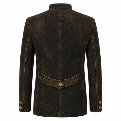 A dark brown distressed faux-leather blazer shown from the back, featuring a central button closure, decorative belt detail with a button, and buttoned cuffs.