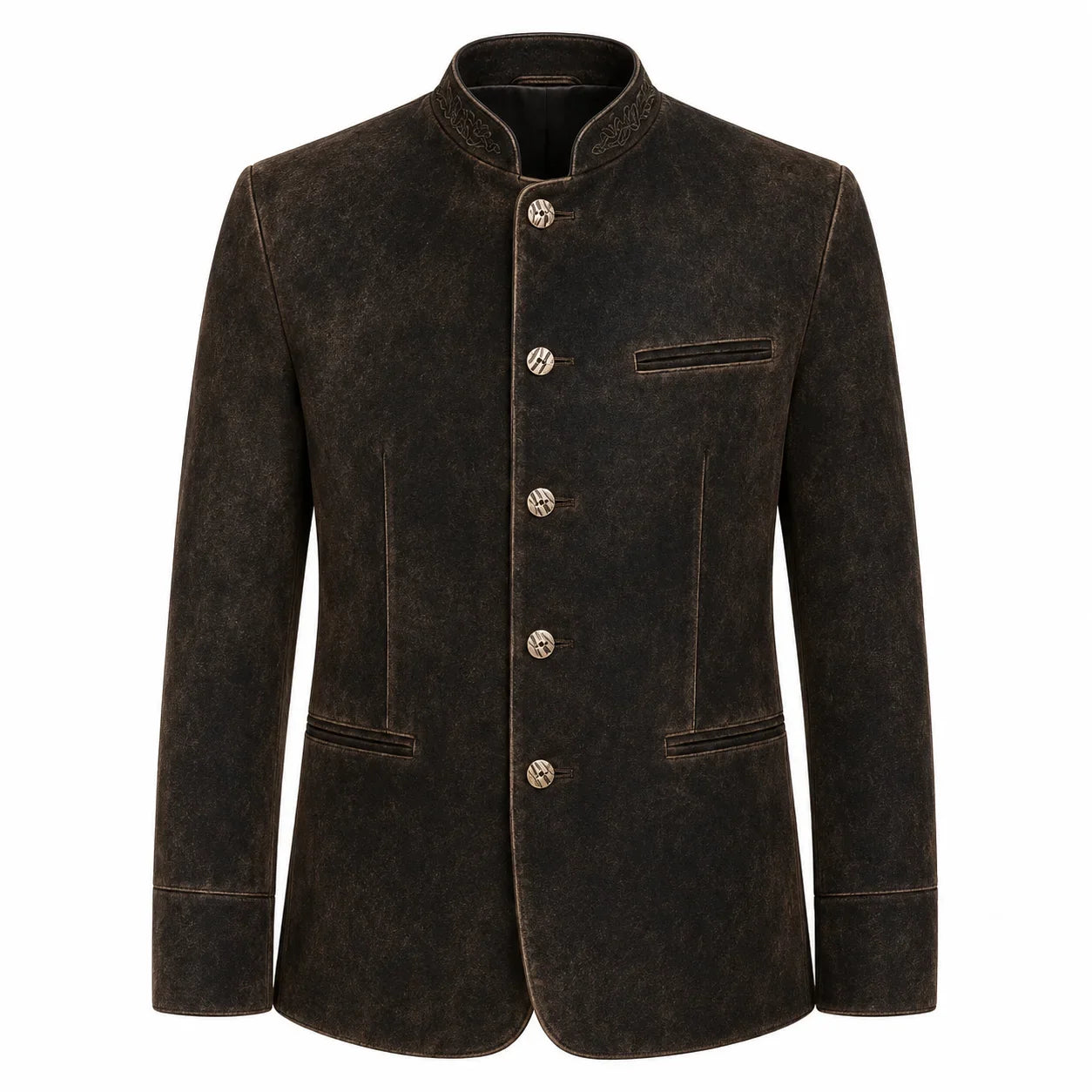 A men's dark brown textured jacket with a mandarin collar, four decorative buttons, and a welt pocket on the chest, shown against a plain white background.