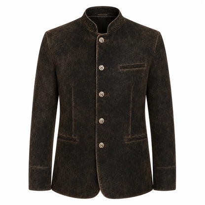A men's dark brown textured jacket with a mandarin collar, four decorative buttons, and a welt pocket on the chest, shown against a plain white background.