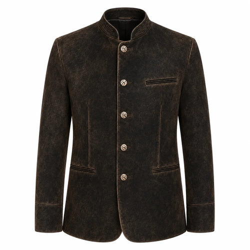 A men's dark brown textured jacket with a mandarin collar, four decorative buttons, and a welt pocket on the chest, shown against a plain white background.