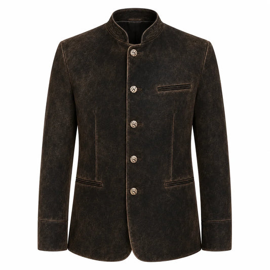 A men's dark brown textured jacket with a mandarin collar, four decorative buttons, and a welt pocket on the chest, shown against a plain white background.