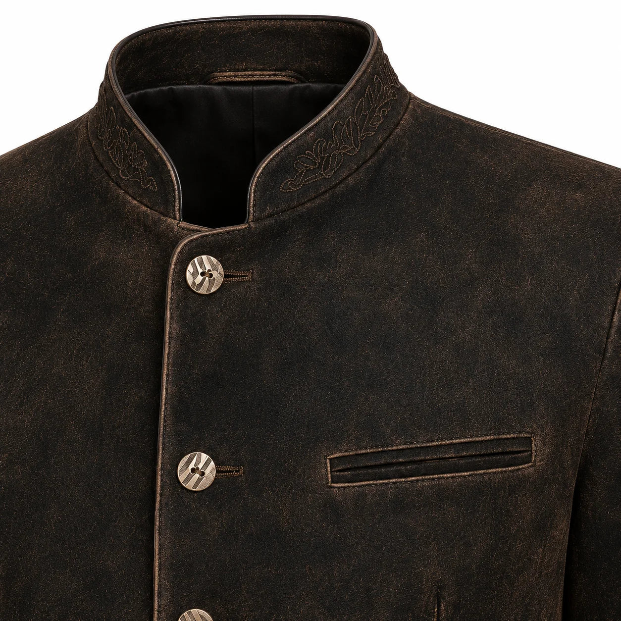 Close-up of a dark brown textured jacket with a mandarin collar, decorative embroidery on the collar, and three metallic buttons.
