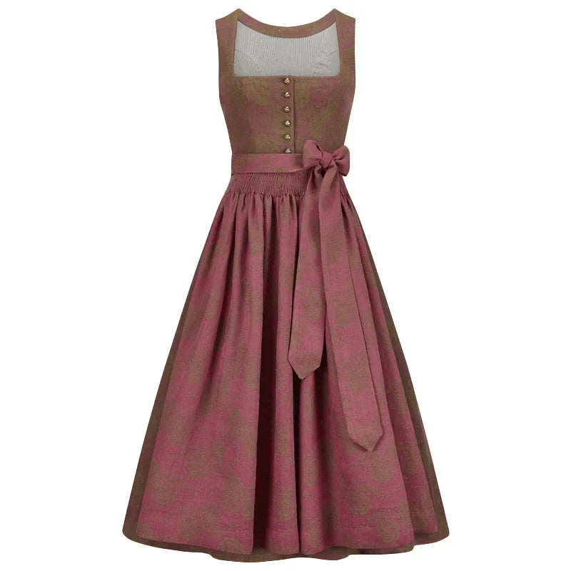 Traditional German dirndl dress with a pink skirt and brown top on a white background