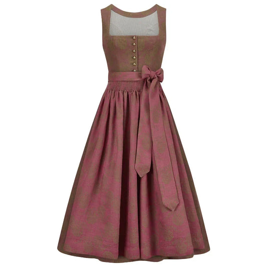 Traditional German dirndl dress with a pink skirt and brown top on a white background