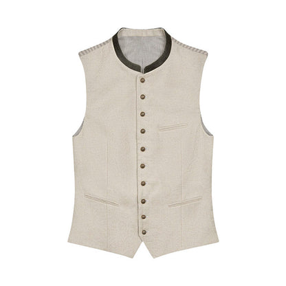 Beige vest with button details on a white background