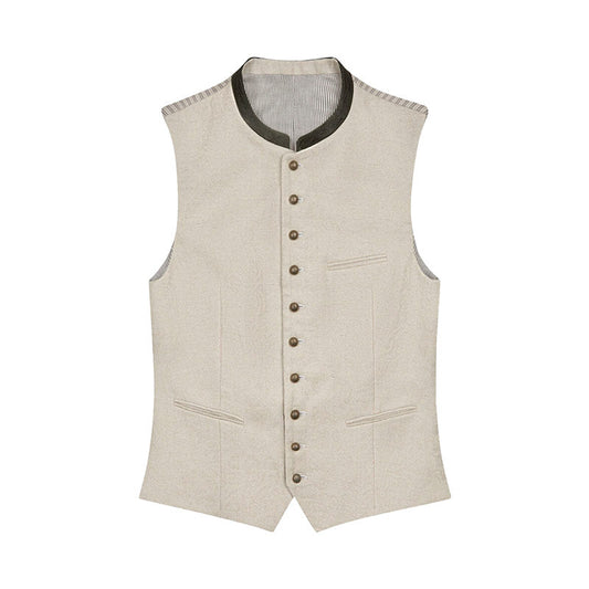 Beige vest with button details on a white background