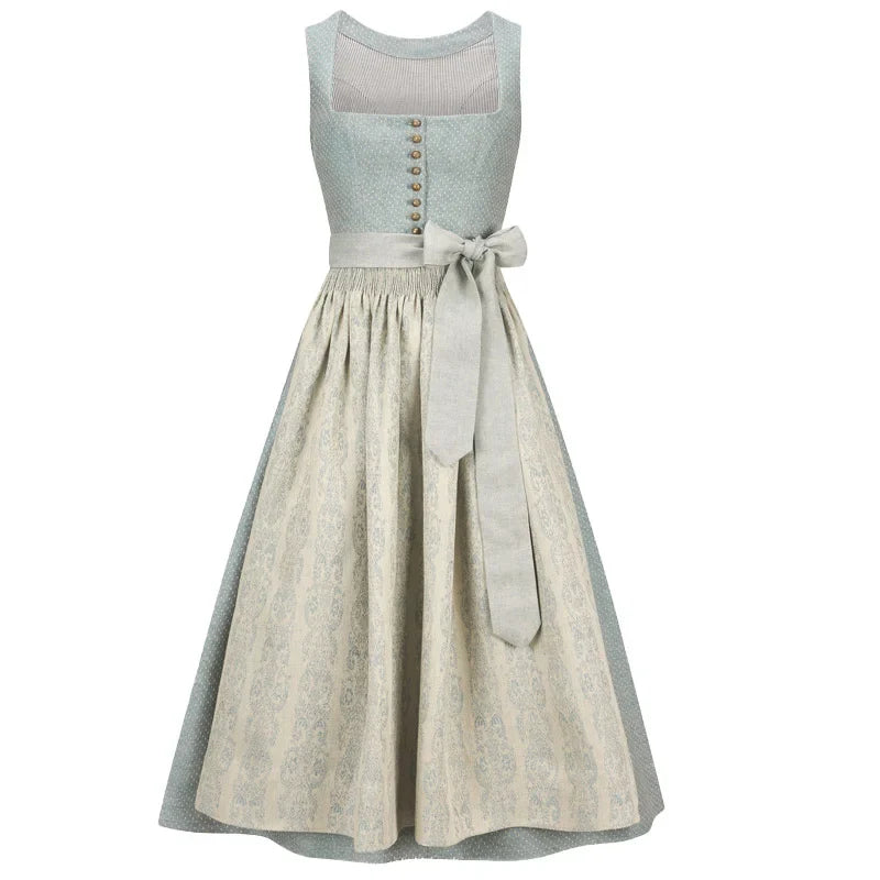 Two-tone dress with light blue top and beige skirt on a white background