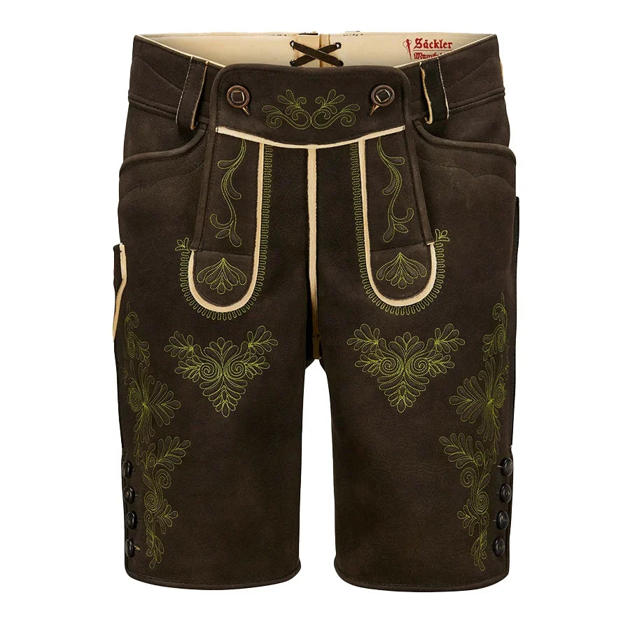 Brown embroidered shorts with green patterns on a white background