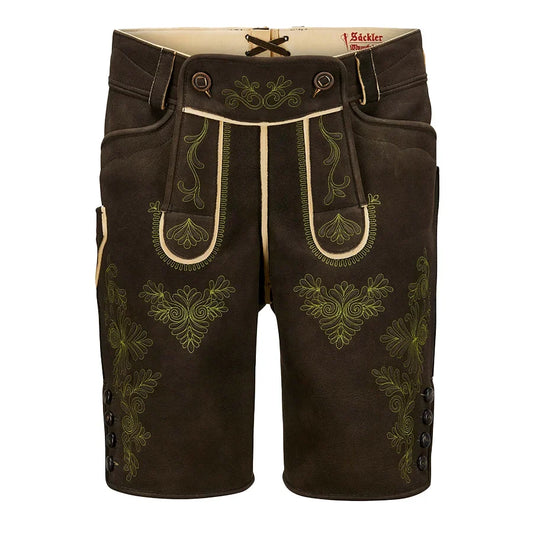 Brown embroidered shorts with green patterns on a white background