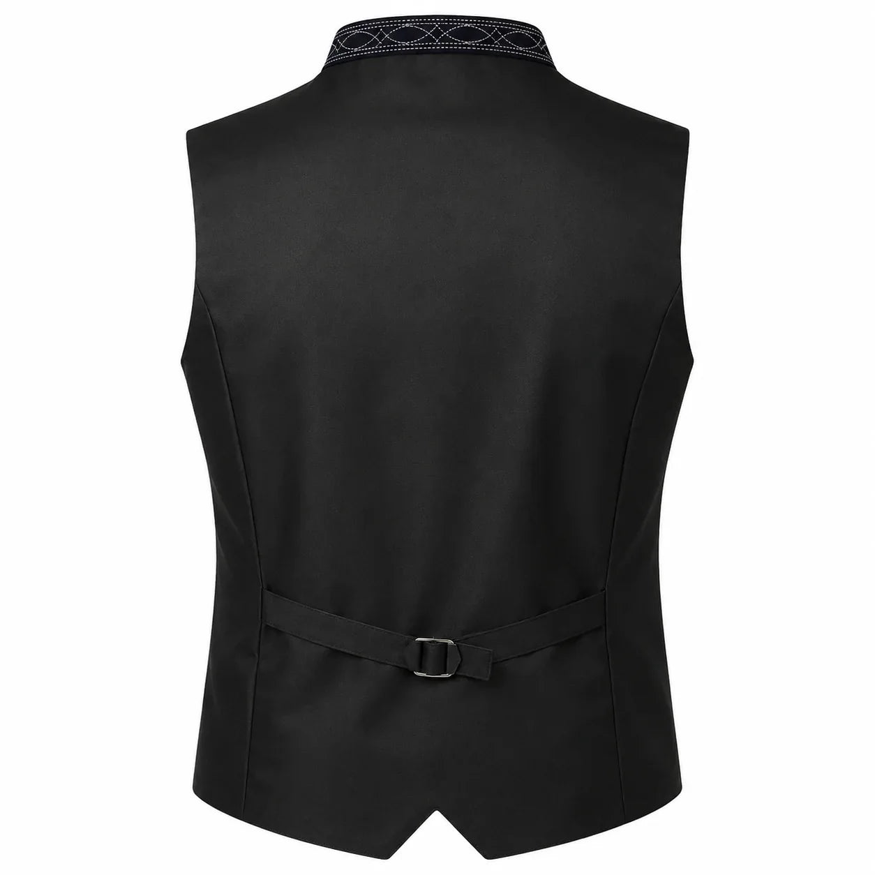 Black men's formal vest shown from the back, featuring a structured collar with a subtle geometric pattern, a matching waist belt with a silver buckle, and a clean silhouette on a white background.