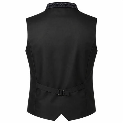 Black men's formal vest shown from the back, featuring a structured collar with a subtle geometric pattern, a matching waist belt with a silver buckle, and a clean silhouette on a white background.
