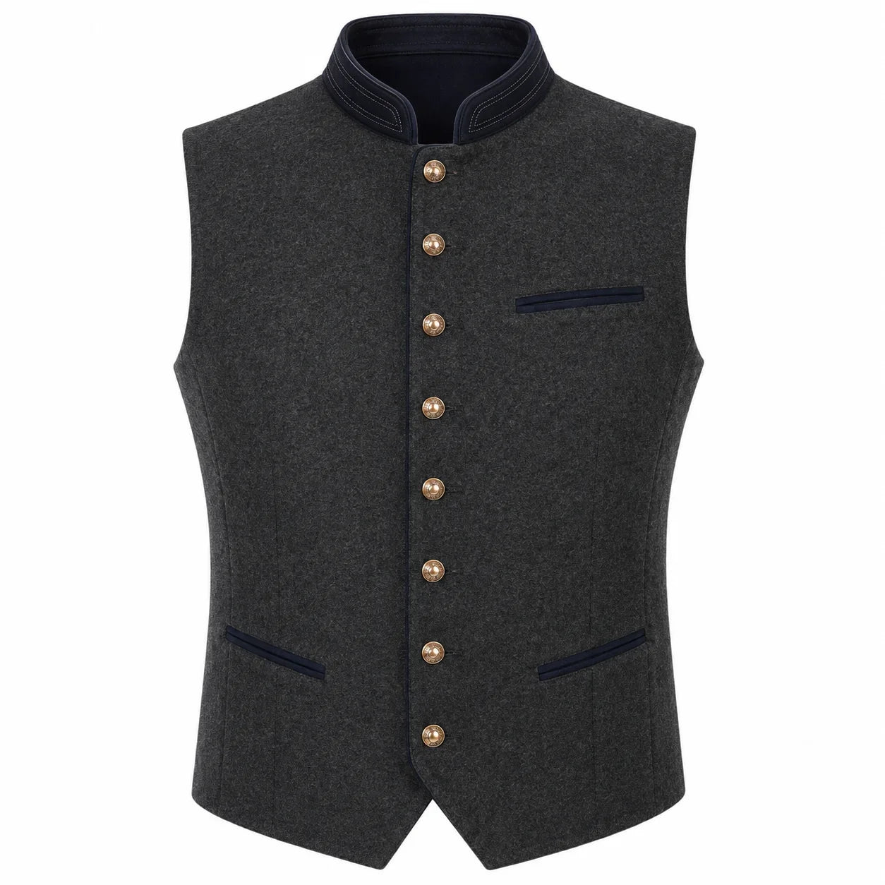 A dark gray wool-like waistcoat vest with a stand collar, gold-tone front buttons, and dark navy blue trim details on the collar, pockets, and chest pocket.