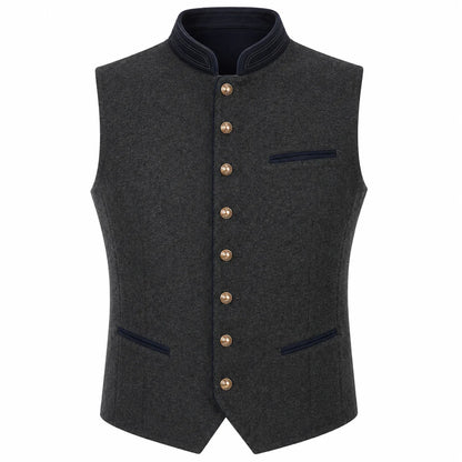 A dark gray wool-like waistcoat vest with a stand collar, gold-tone front buttons, and dark navy blue trim details on the collar, pockets, and chest pocket.