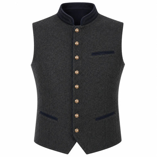 A dark gray wool-like waistcoat vest with a stand collar, gold-tone front buttons, and dark navy blue trim details on the collar, pockets, and chest pocket.