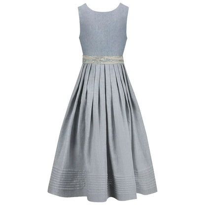 blue dirndl dress with a belt on a white background