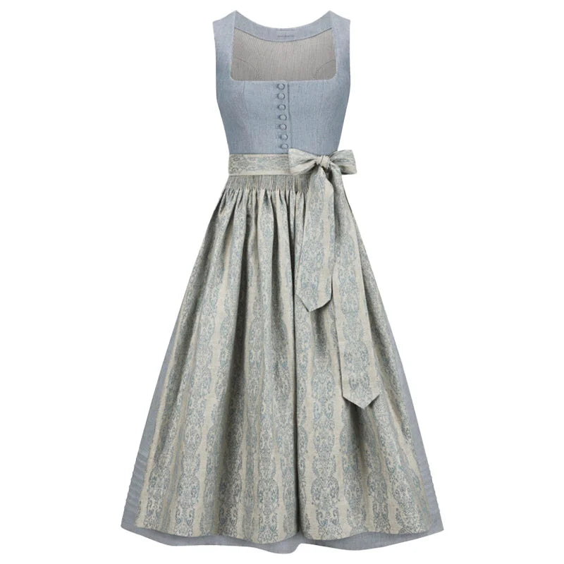 Two-tone dirndl  dress with light blue top and patterned skirt on a white background