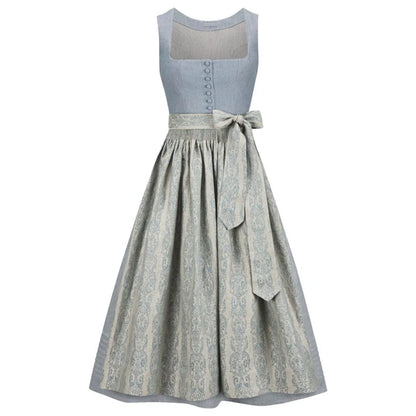 Two-tone dirndl  dress with light blue top and patterned skirt on a white background