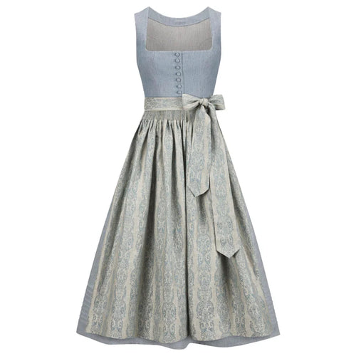 Two-tone dirndl  dress with light blue top and patterned skirt on a white background