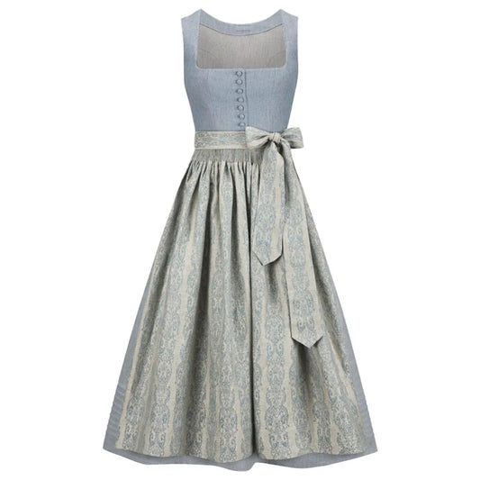 Two-tone dirndl  dress with light blue top and patterned skirt on a white background