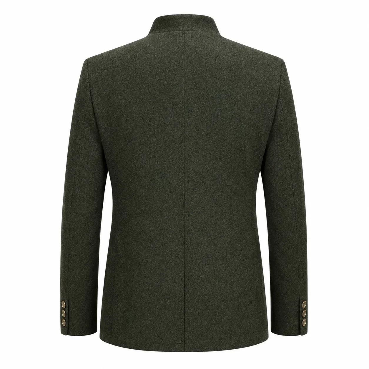 The back view of a men's dark olive green wool blazer with a stand collar and button details on the cuffs, shown on a plain white background.