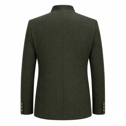 The back view of a men's dark olive green wool blazer with a stand collar and button details on the cuffs, shown on a plain white background.