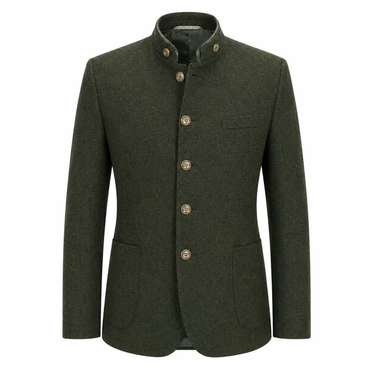 An olive green men's jacket with a mandarin collar, four brown buttons, and a single chest pocket, shown against a plain white background.