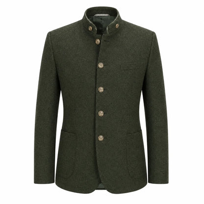 An olive green men's jacket with a mandarin collar, four brown buttons, and a single chest pocket, shown against a plain white background.