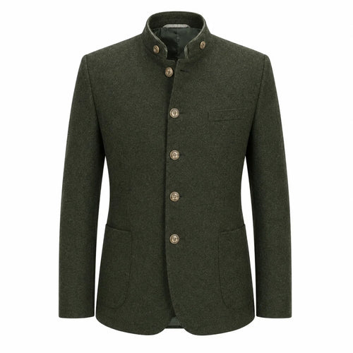 An olive green men's jacket with a mandarin collar, four brown buttons, and a single chest pocket, shown against a plain white background.