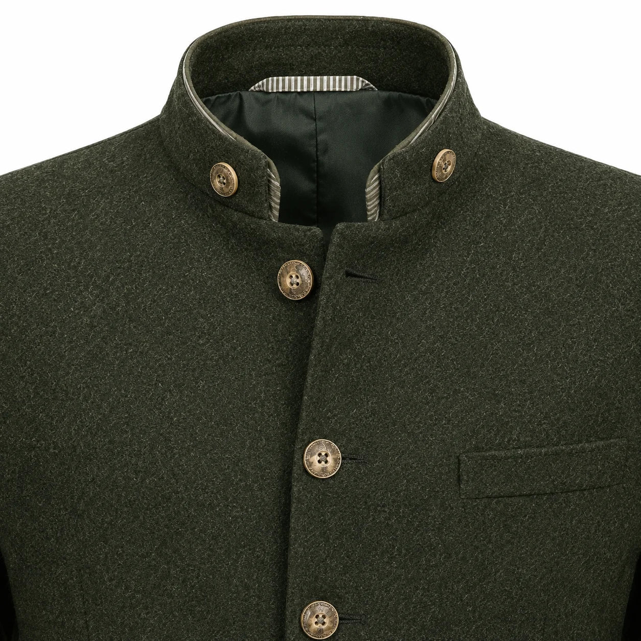 Close-up of a dark olive green wool jacket with a mandarin collar, brown buttons, and a striped inner lining.