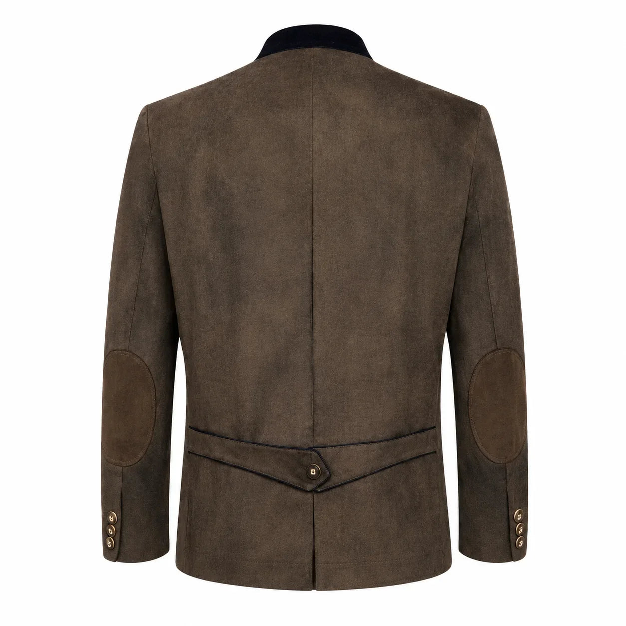 A men's brown suede jacket shown from the back, featuring dark brown patchwork elbow patches and a dark collar, photographed against a solid white background.