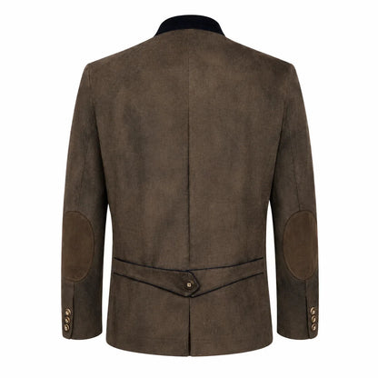 A men's brown suede jacket shown from the back, featuring dark brown patchwork elbow patches and a dark collar, photographed against a solid white background.