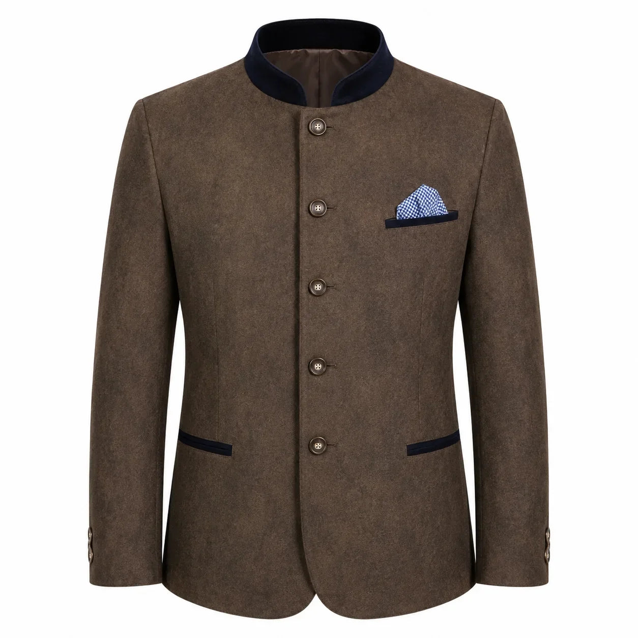 A men's brown textured blazer jacket with a mandarin collar, dark navy blue trim, and a matching patterned pocket square, shown on a plain white background.