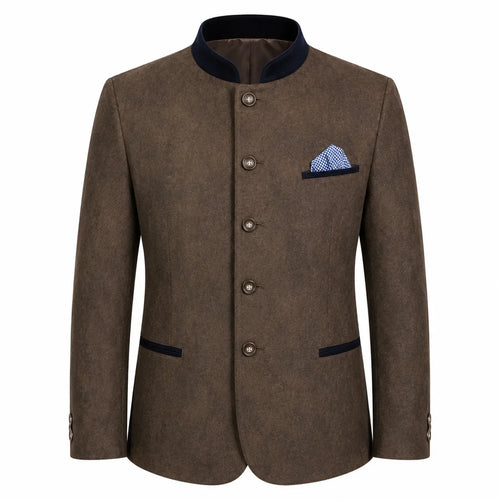 A men's brown textured blazer jacket with a mandarin collar, dark navy blue trim, and a matching patterned pocket square, shown on a plain white background.