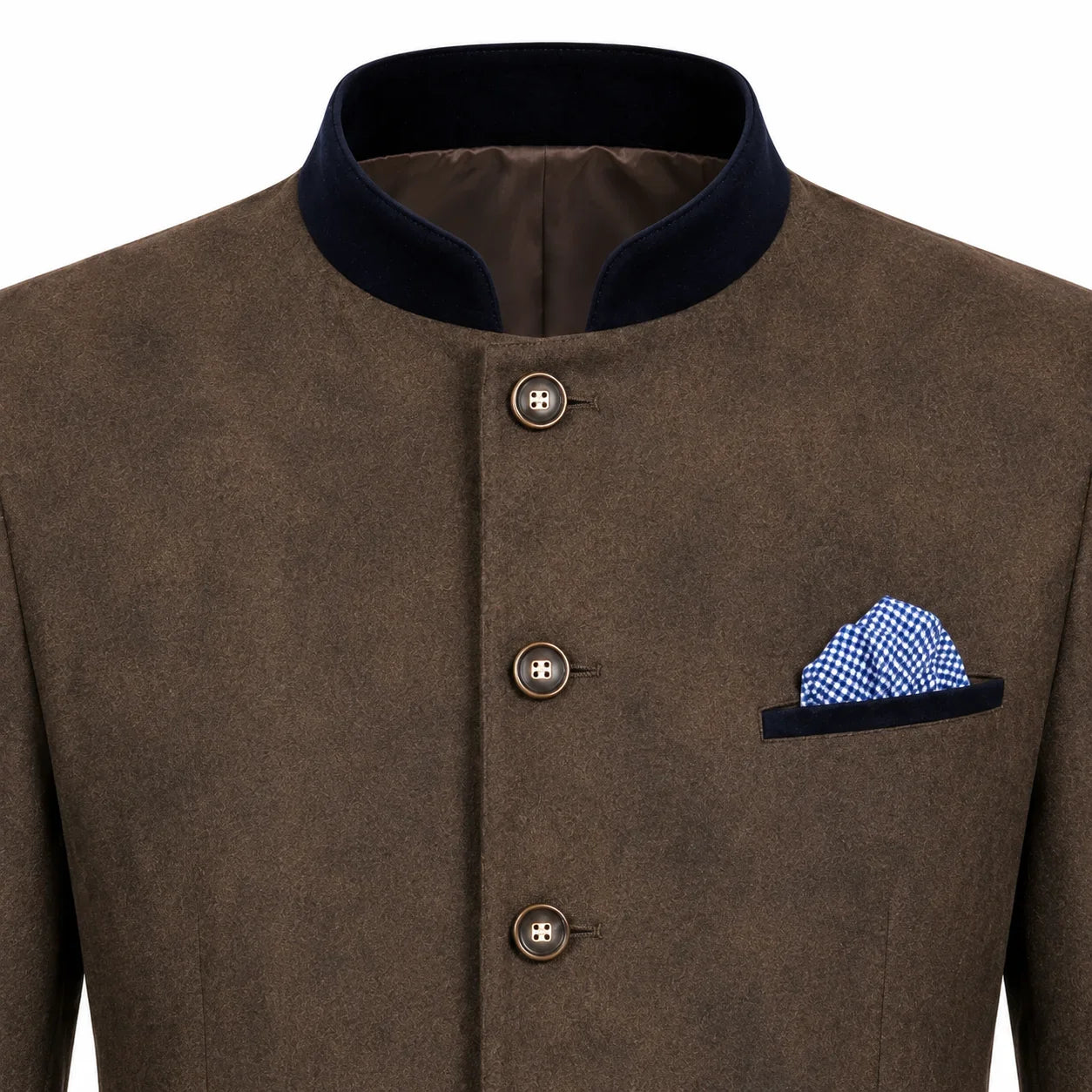 A close-up of a brown textured jacket with a dark navy stand collar, three front buttons, and a matching navy pocket square with a blue and white checkered pattern, shown on a white background.