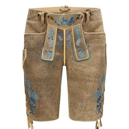 Brown leather shorts with blue embroidery on a white background