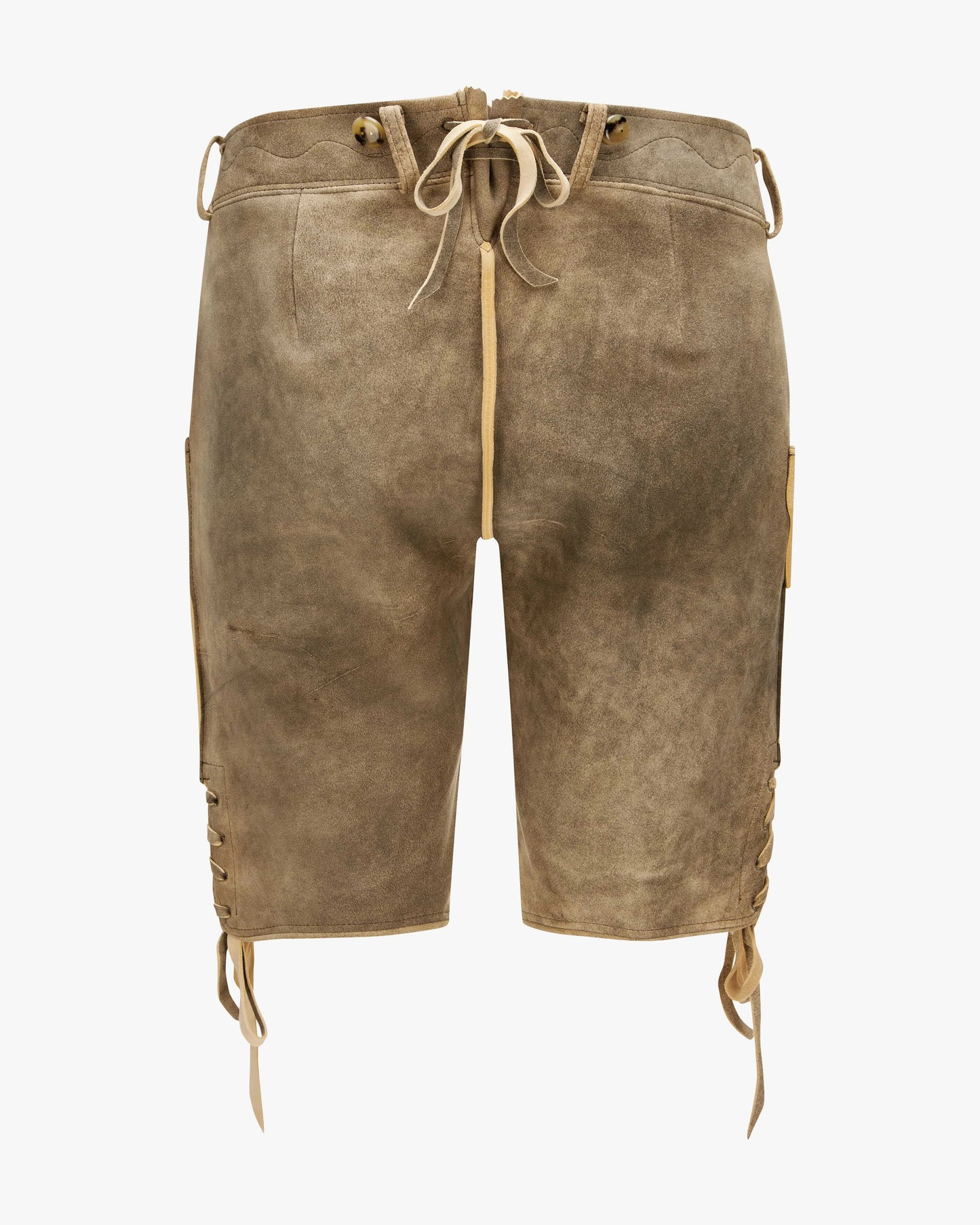 Brown leather shorts with drawstrings on a white background