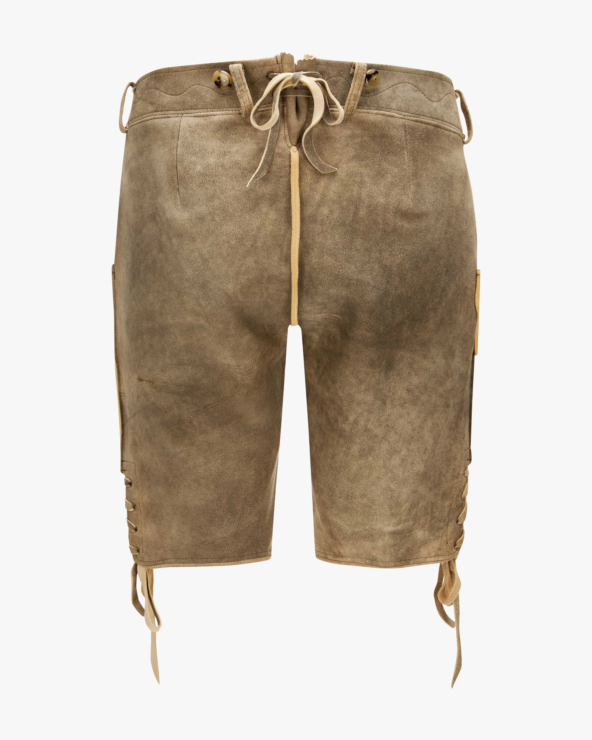 Brown leather shorts with drawstrings on a white background